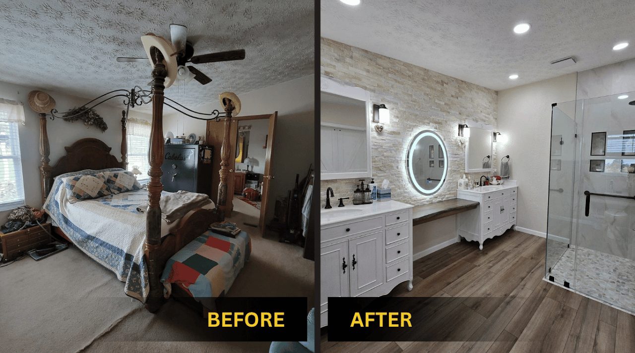 Bedroom to bathroom conversion before and after